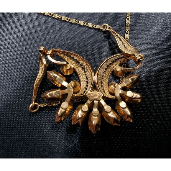 Rare Find Vintage Van Dell Gold-Tone Necklace With Blue Rhinestones Floral - Picture 5 of 5